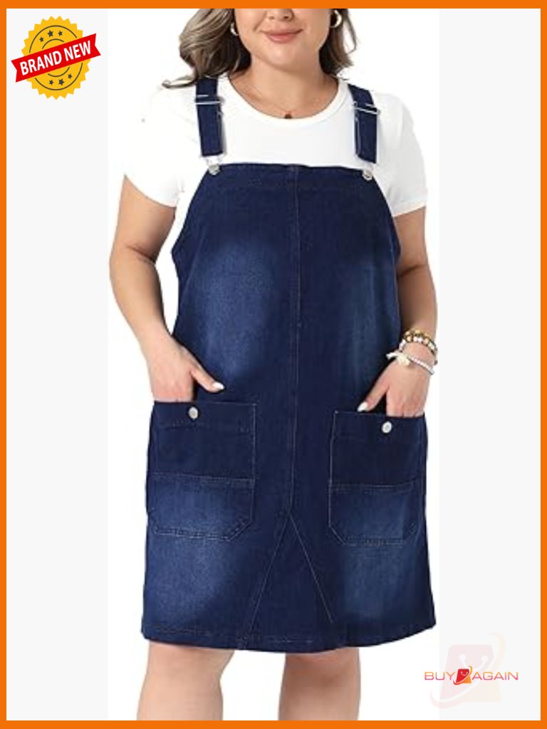 Plus Size Denim Overalls Dress Adjustable Strap Bib Jumpsuit With Pockets